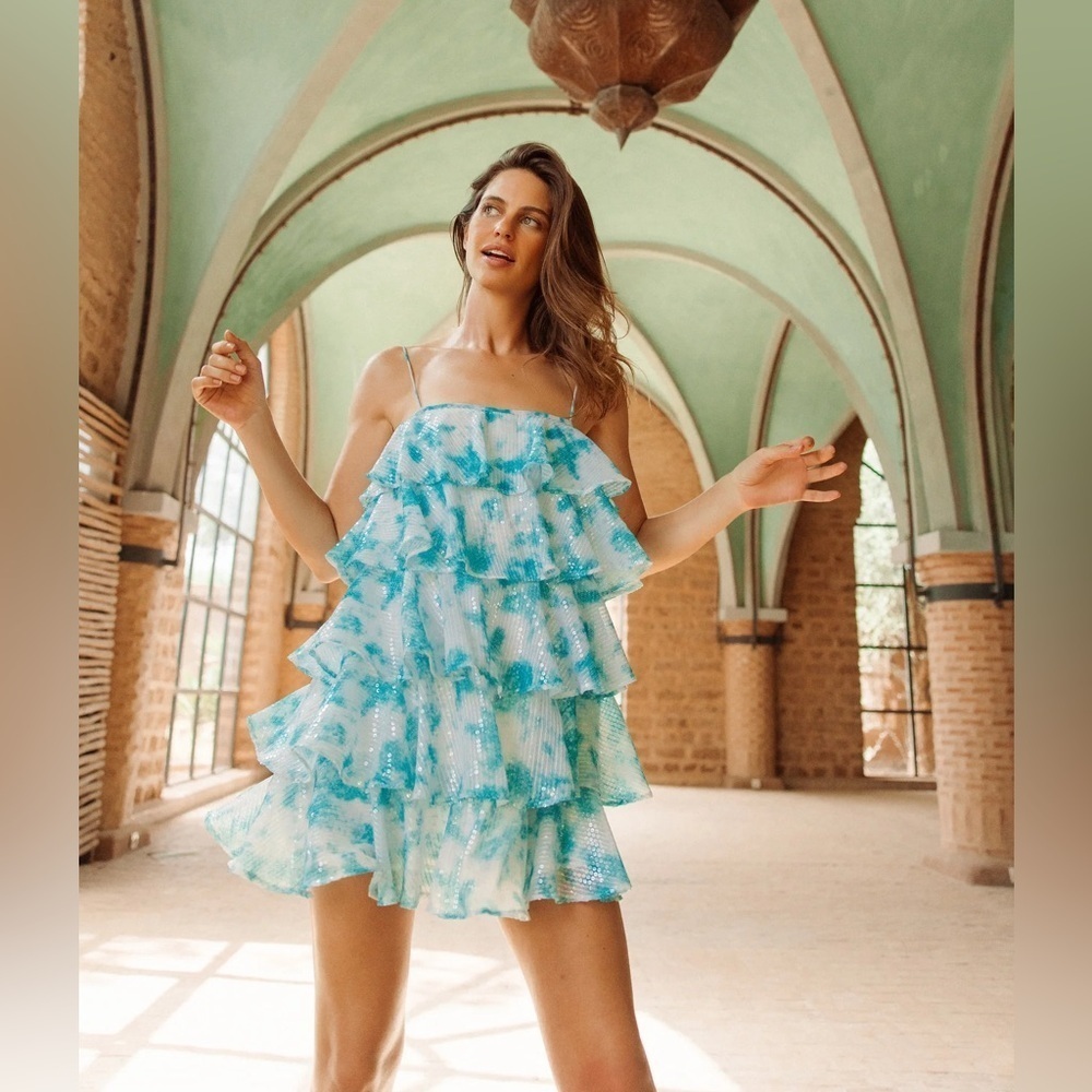 Sundress REVOLVE Lina Short Dress Salvador Sequin Shimmer Ruffle Layered M/L NEW